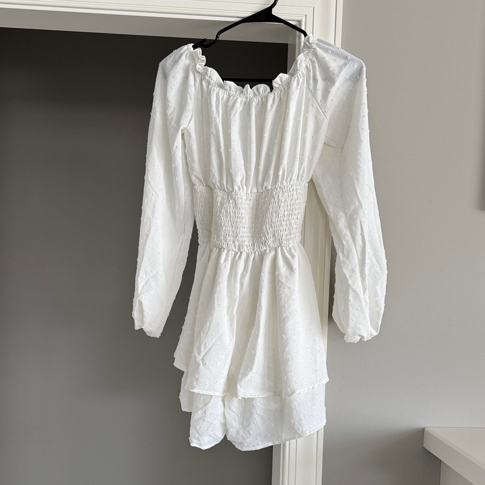 Chic White Long Sleeve Dress with Smocked Waist